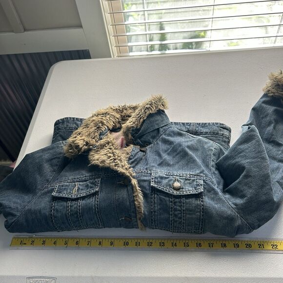 Armi Womens Jacket Medium Blue Fur Trim 100% Cotton Denim Lined Warm Hippie - Picture 7 of 9